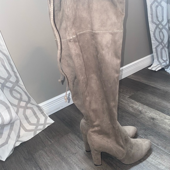 Beige Faux Suede Heel Knee High Boots - Picture 1 of 6